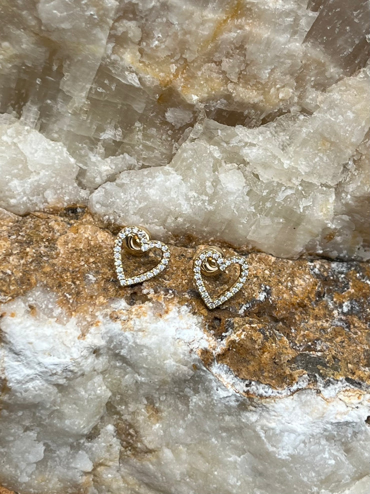 10k 14k Solid Gold Heart Shaped Diamond Trimmed Stud Earrings