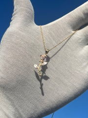 Solid Gold Rose Pendant w/ Chain - Three Color Rose Charm - Yellow, White, and Rose Gold Rose Charm w/ Chain