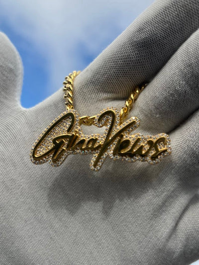 Natural Diamond Trimmed Custom Gold Name Pendants w/ Hidden Bail & Miami Cuban Link Chain