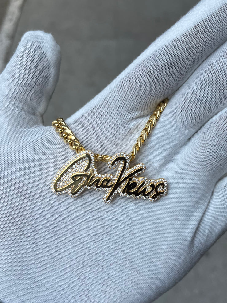 Natural Diamond Trimmed Custom Gold Name Pendants w/ Hidden Bail & Miami Cuban Link Chain