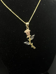 Solid Gold Rose Pendant w/ Chain - Three Color Rose Charm - Yellow, White, and Rose Gold Rose Charm w/ Chain