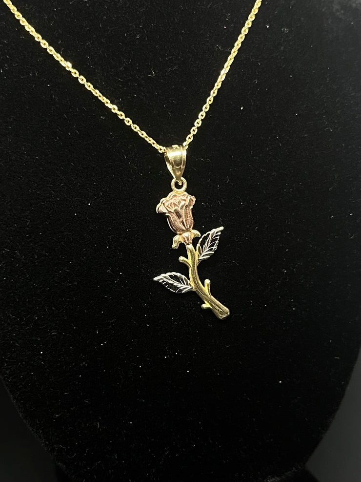 Solid Gold Rose Pendant w/ Chain - Three Color Rose Charm - Yellow, White, and Rose Gold Rose Charm w/ Chain