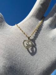 10k Yellow Gold Heart Shaped Rolex Style Initial Pendant w/ Rope Chain -  A-Z Alphabet Pendant w/ Chain