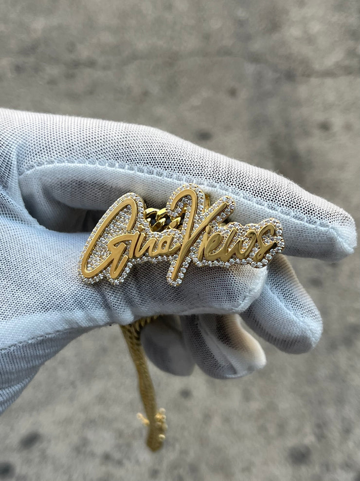 Natural Diamond Trimmed Custom Gold Name Pendants w/ Hidden Bail & Miami Cuban Link Chain