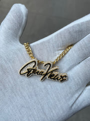 Natural Diamond Trimmed Custom Gold Name Pendants w/ Hidden Bail & Miami Cuban Link Chain