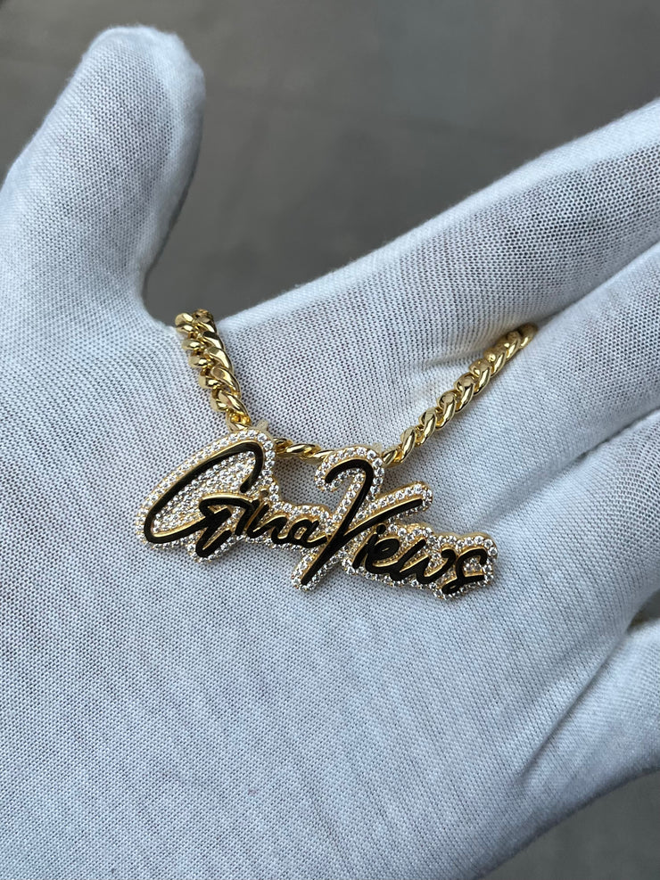 Natural Diamond Trimmed Custom Gold Name Pendants w/ Hidden Bail & Miami Cuban Link Chain